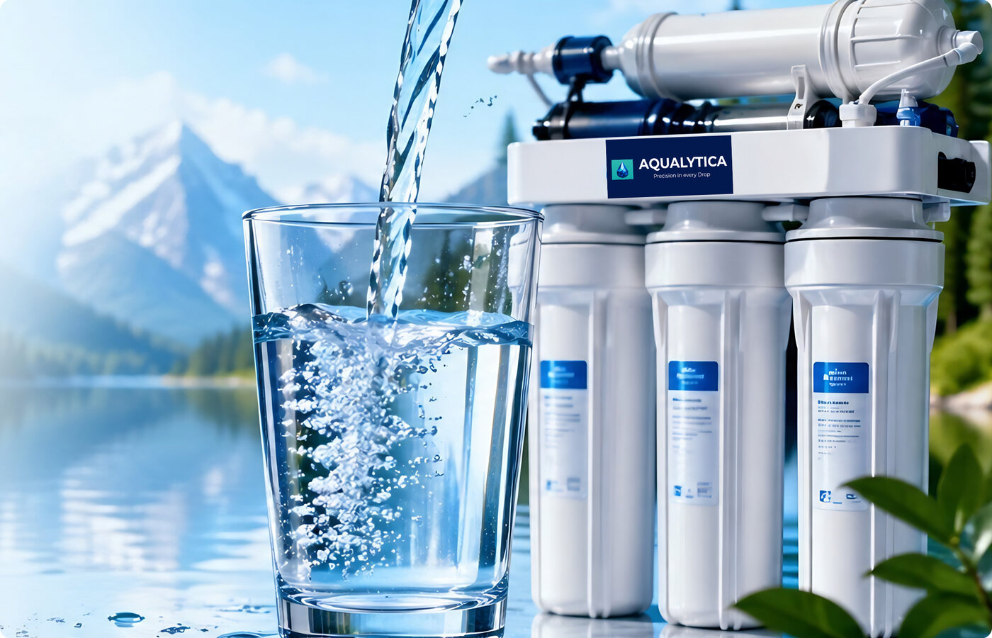Aqualytica under-sink filtration system beside a glass of water