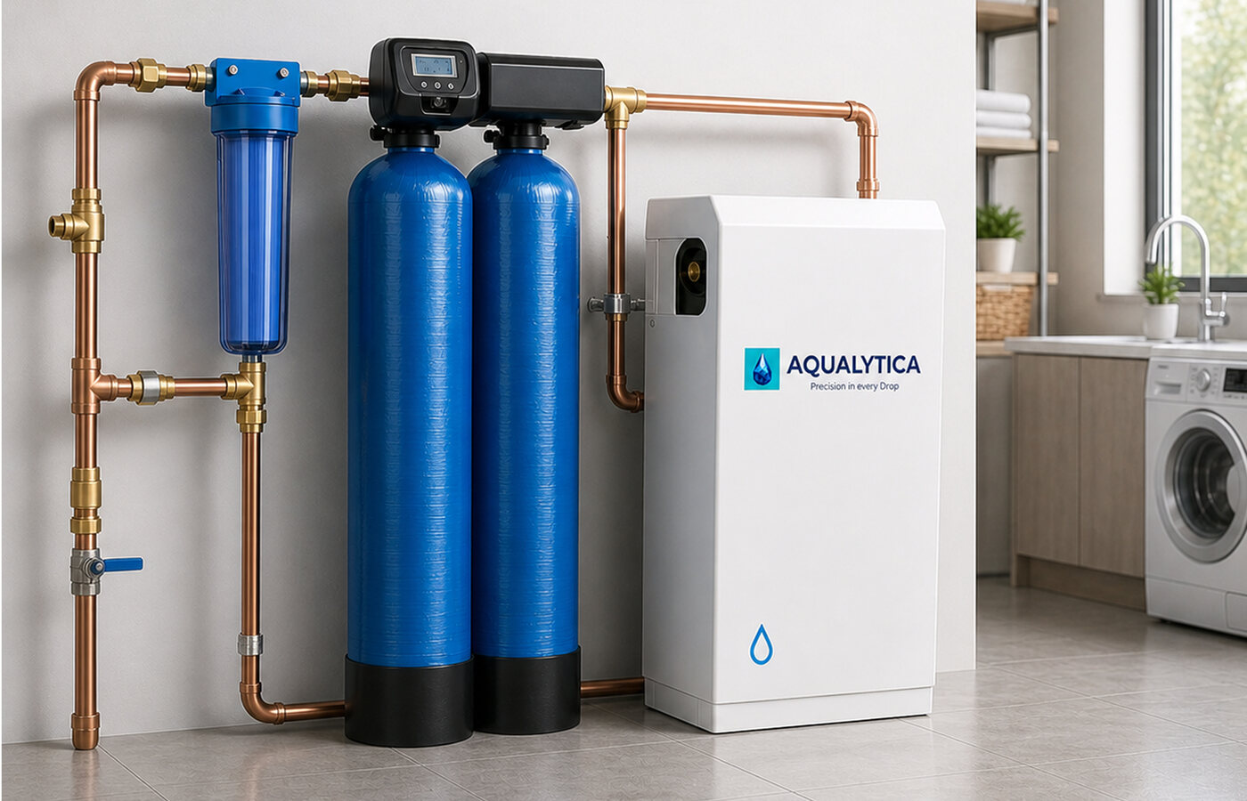 Aqualytica whole house water filtration system installed with main supply plumbing